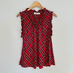 VINEYARD VINES Women’s Large Red Tartan Plaid Ruffle Trim Sleeveless Blouse